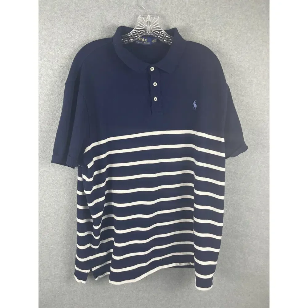 Polo Ralph Lauren Terry Polo Shirt Mens Size 2XL Navy Blue Striped Color Blocked